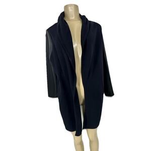 Ann Taylor Large Tall Women Black Open Front Cardigan Faux Leather Sleeve C100